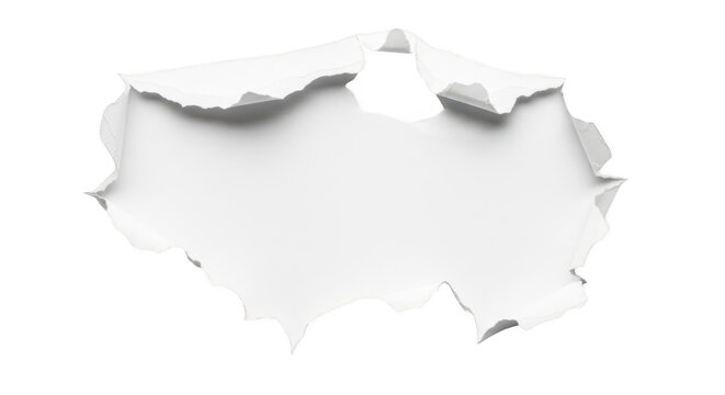 A jagged hole torn through a thin sheet of white paper with curled and frayed edges of the tear