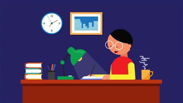 Student studying at desk with books animation, education learning and academic study concept