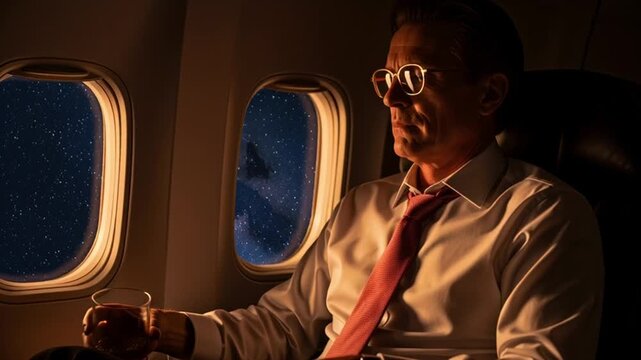 Businessman sitting on airplane looking out window during nighttime flight