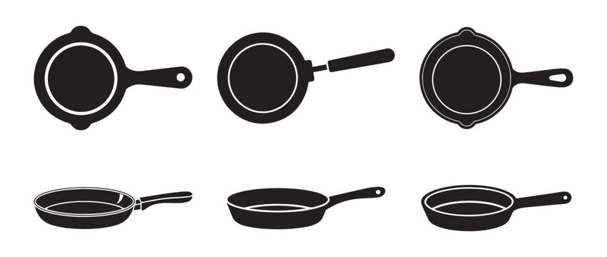 A minimalist black and white silhouette depicts a frying pan showcasing its handle and circular cooking surface.
