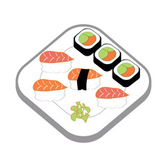 Sushi and maki set on a plate, salmon nigiri and rolls vector illustration © AlinaCleverfox