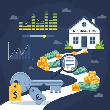 Illustration depicting the journey and financial aspects of securing a mortgage loan for a house, with money, contracts, and keys.