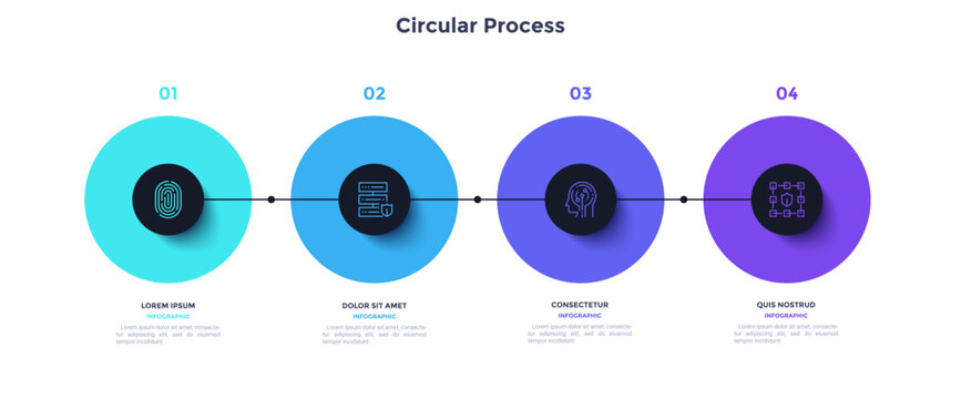 Process chart with four connected colorful circles placed in horizontal row. Concept of 4 stages of startup development. Modern infographic design template. Flat vector illustration for report.