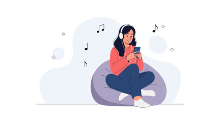 Obraz premium Young Woman Listening to Music on Headphones with Smartphone, Sitting on Beanbag
