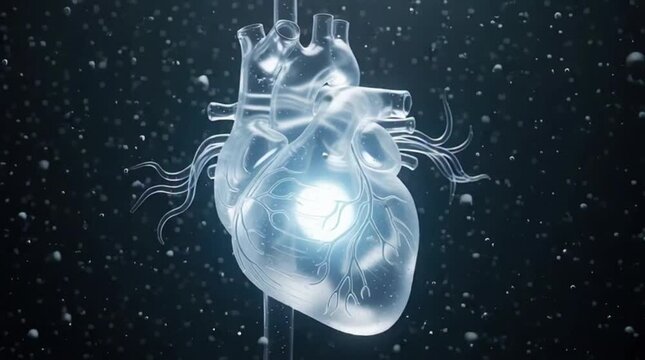 Heart of Science: A futuristic, glowing heart illustration floats amidst a sea of microscopic bubbles, symbolizing health, and the intricate world of science.