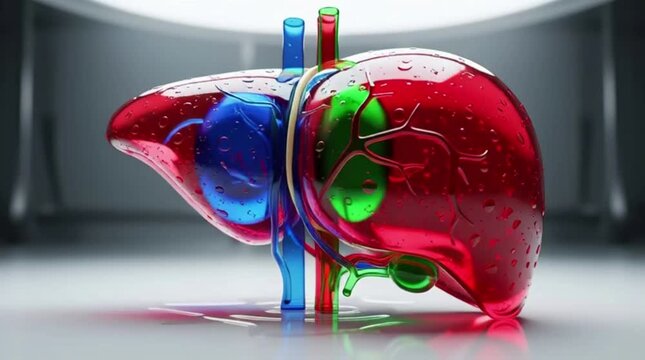 Anatomy of Liver: An artistic illustration of the liver, kidney and other human organs in the form of transparent glass-like materials, showcasing the inner biological structure and design.