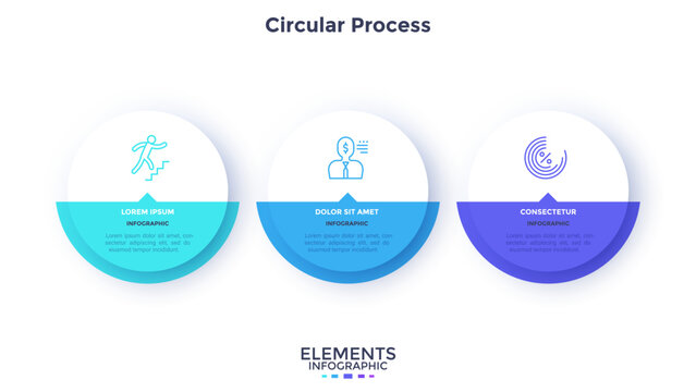 Process chart with three paper white circles placed in horizontal row. Concept of 3 stages of startup development. Modern infographic design template. Flat vector illustration for report.