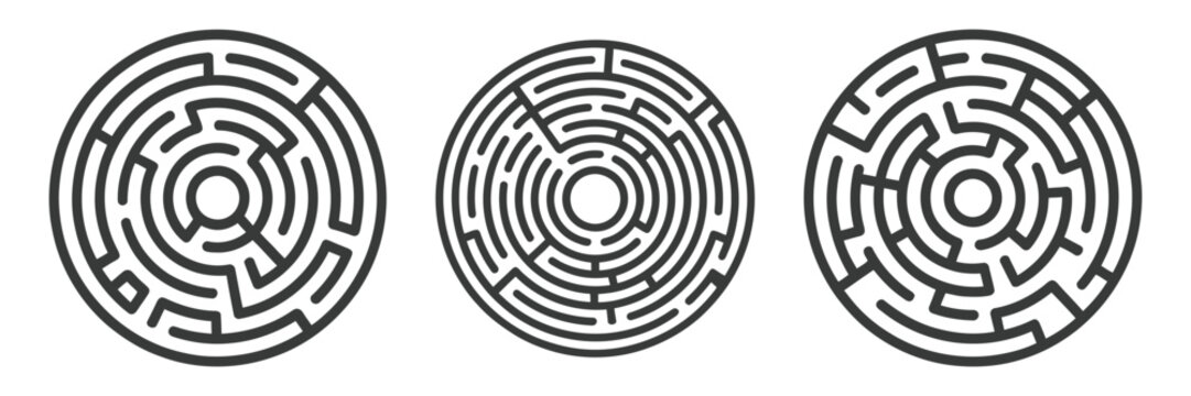 Black circle vector mazes isolated on white background, labyrinth symbols with one and three entrances, circular puzzle icon design, clean vector illustration.