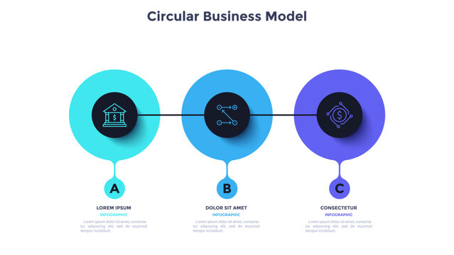 Process chart with three connected blak circles placed in horizontal row. Concept of 3 stages of startup development. Modern infographic design template. Flat vector illustration for report.