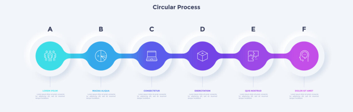 Six circular elements placed in horizontal row. Concept of 6 steps to startup project launch. Neumorphic infographic design template. Modern flat vector illustration for business presentation.