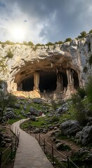 Naklejka premium Majestic Cave Entrance with Pathway and Lush Greenery.