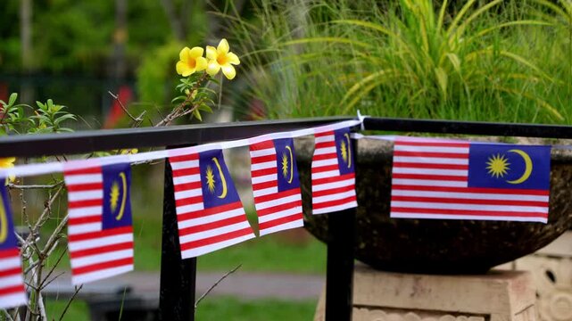 Slow motion Malaysia flags waving on a fence