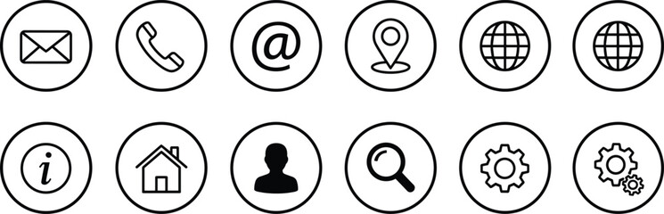Fototapeta premium Web and Communication Line Icons Set with Email Phone Location Search and Settings Symbols, Black Outline Vector Isolated on White Background