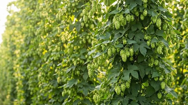 Rows of green hop plants grow in field under soft sunlight. Hops are used in brewing beer. Concept of farming, agriculture, craft brewing