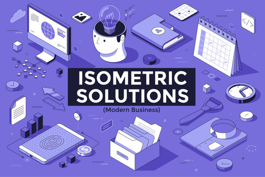 Thin line isometric vector illustration of modern business solution set. 3d conceptual office elements including laptop, calendar, file, bulb, and gear symbol for technology design.