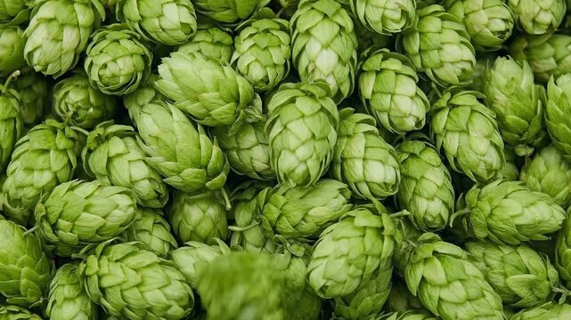 Hops are arranged in neat piles showing bright green hues. Close-up view highlights details of hops used in brewing. Concept of agriculture, brewing, beverage production