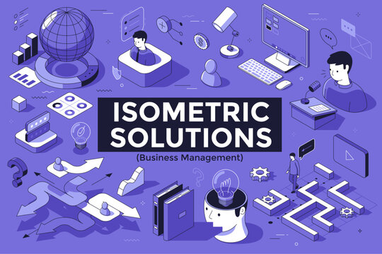 Isometric business management concept with man characters and digital icons. Thin line illustration for office strategy, financial analysis, innovation and global networking technology.