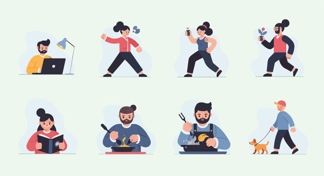 Daily life scenes working, exercising, cooking, gardening, reading, dog walking