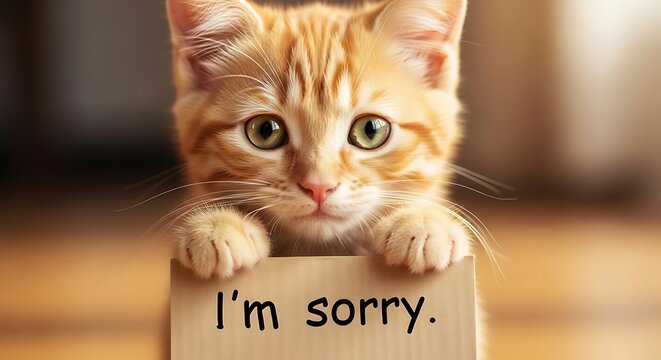 Orange tabby kitten holding a sign that reads "I'm sorry" with a sorrowful expression