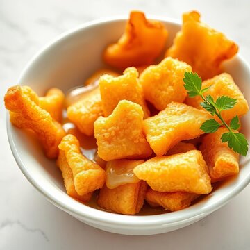 Crispy golden youtiao pieces artfully arranged in a clean white bowl, a tempting breakfast treat,  golden,  cakwe