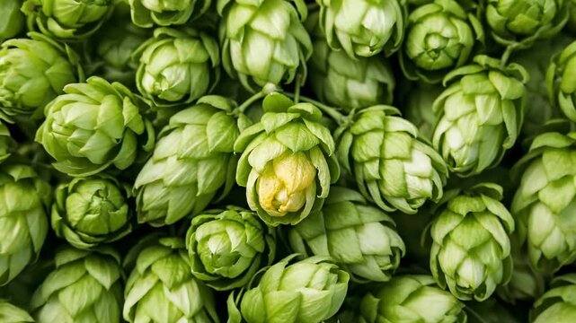 Hops lie in thick clusters, displaying rich green colors. Setting is a farm with rows of plants. Concept of brewing, agriculture, craft beer production, beverage industry