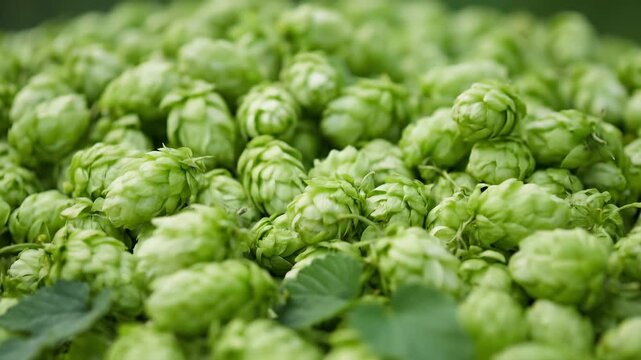 Hops grow in clusters on green vines in garden. Abundant setting with healthy plants under clear sky. Concept of brewing, agriculture, gardening