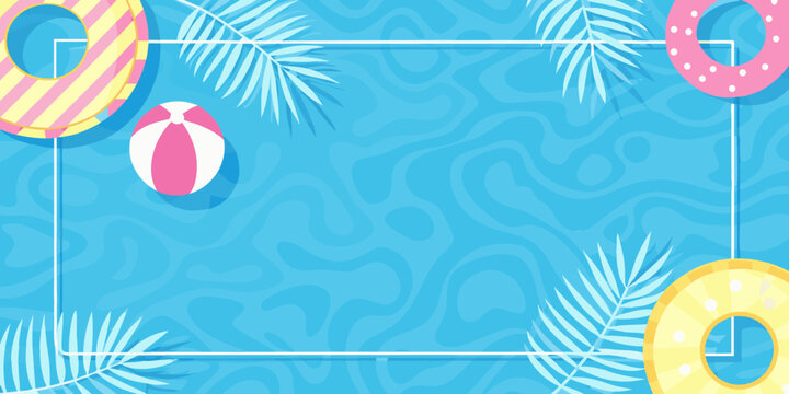Summer themed background with beach balls rings and tropical leaves