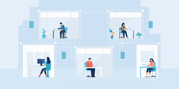 People working remotely from individual rooms within a modern building
