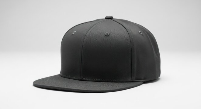 Unbranded blank dark gray snapback hat with flat brim on plain light background