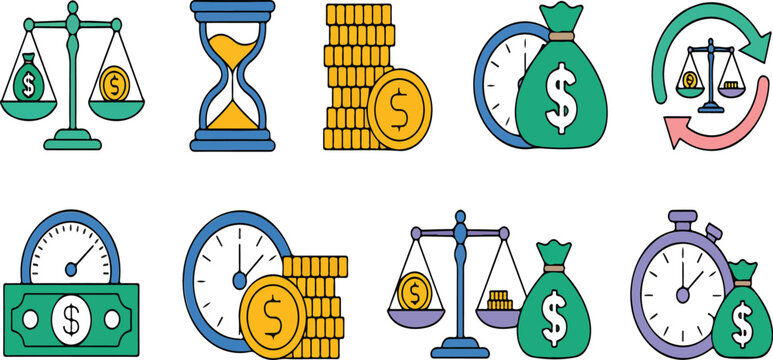 Balance scales illustrating time and money concept with cyclical arrows indicators representing productivity efficiency and business management vector illustration