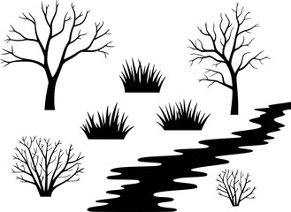 Obraz premium Black Silhouette Landscape Bare Trees Grass Bushes Winding River White nature