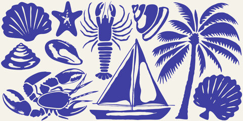 Nautical themed illustrations featuring shells crabs and a sailboat © Ripan