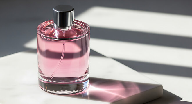 Pink perfume bottle on white surface with sunlight shining through blinds transparent background