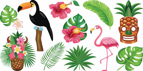 Fototapeta premium Tropical illustration featuring a toucan flamingo hibiscus and lush foliage