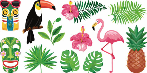 Fototapeta premium A vibrant collection of tropical elements including birds flowers and foliage