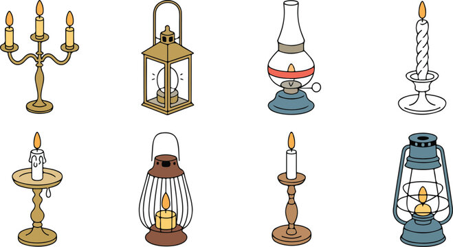 Collection of vintage lighting objects including candlesticks lanterns and single candle in classic antique style vector illustration