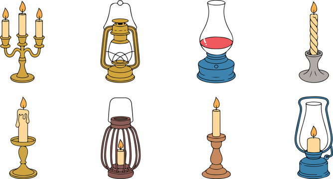 Collection of vintage lighting objects including candlesticks lanterns and single candle in classic antique style vector illustration