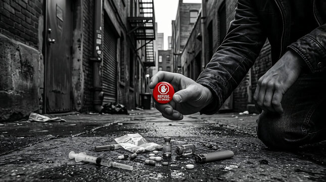 Anti drug awareness campaign image with red refuse button held over urban debris