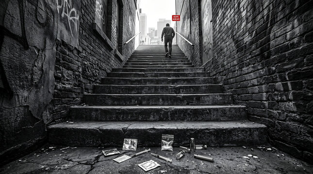 Man leaving addiction behind walking up dark stairs for health awareness posters