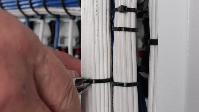 Cutting plastic ties from mounting wires with wire cutters. 