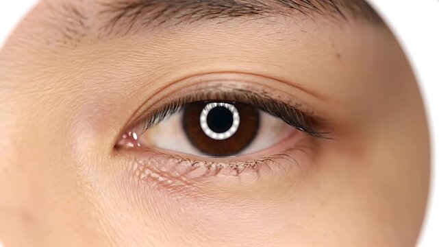 Macro Closeup of Brown Human Eye with Circular Pupil Light Reflection
