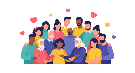 Fototapeta premium Diverse Community Group Illustration: People of Different Ages and Ethnicities Together with Hearts, Symbolizing Unity, Love, Support, and Belonging