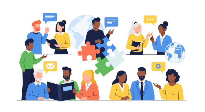Diverse Global Team Collaboration & Communication. Business People Discussing Ideas, Solving Problems with Puzzles. Knowledge Sharing Vector.