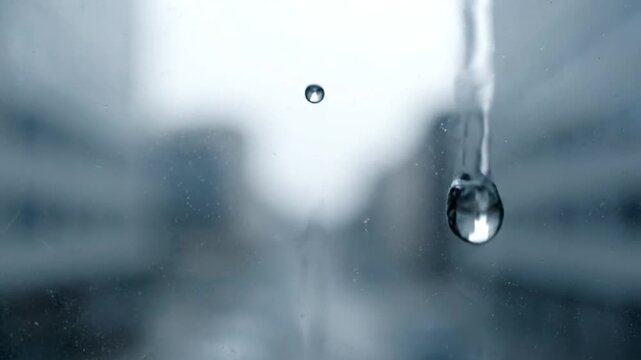 Raindrops falling on window glass, abstract city background, close-up slow motion