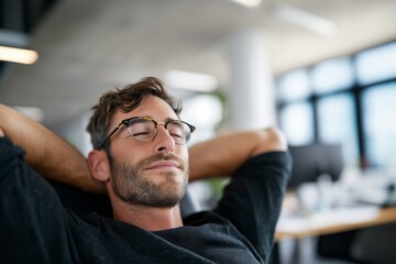 Obraz premium Man relaxing after stressful workday. Stress relief and mental recovery. Breathing practice for calm mind. Workplace relaxation and mindfulness. Mental health break at work.
