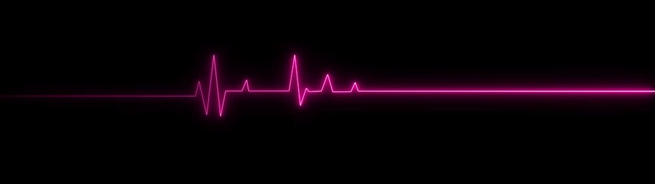 Neon pink electrocardiogram line on black background with flatline heart rate pulse