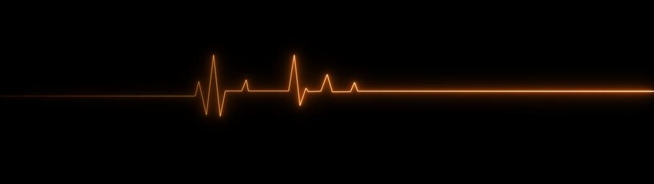 Neon orange electrocardiogram line on black background with flatline heart rate pulse