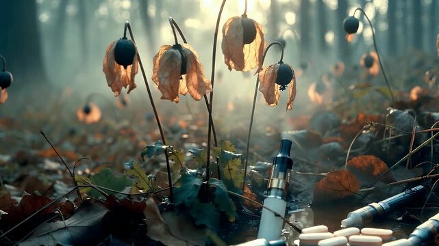 A mystical forest floor scene with glowing bell-shaped flowers, fallen leaves, and discarded human items like a vape pen and pills.