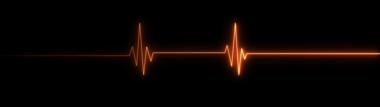 Orange neon electrocardiogram line with fewer peaks on black background heart rate pulse