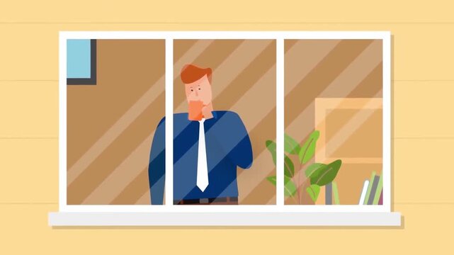 Man looking through window at home animation, thoughtful moment and indoor lifestyle concept
